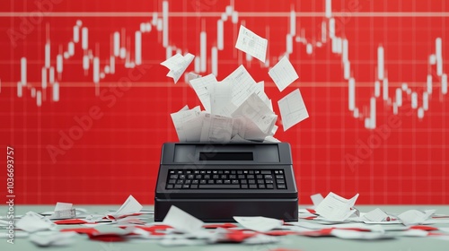 Oldfashioned stock ticker machine malfunctioning, spewing out torn paper amid a backdrop of red graphs photo