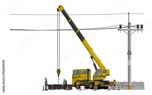 Two workers are working with the mobile crane near the power line