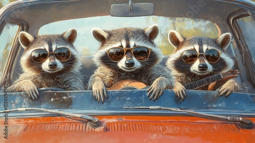 Three amusing raccoons ride in the automobile while playing guitar. photo