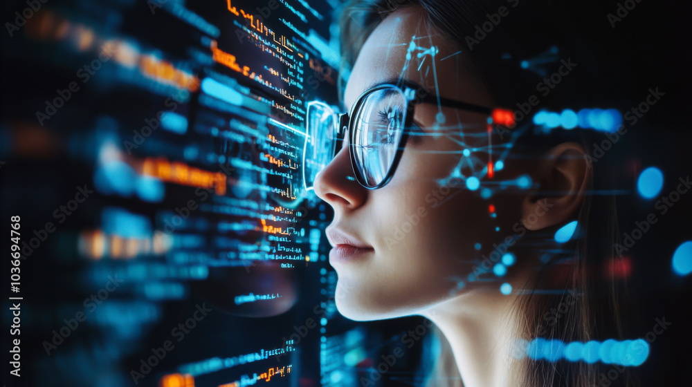 A young woman analyzes digital data through a reflective screen while wearing glasses, showcasing her focus and dedication to technology A young woman analyzes digital data through a reflective screen while wearing glasses, showcasing her focus and dedication to technology