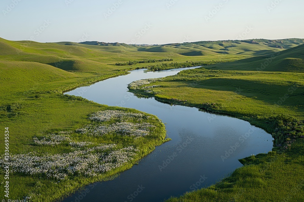 Obraz premium Aerial view of a calm, serene river snaking through a lush green valley, reflecting the clear sky above, bordered by rolling hills and patches of wildflowers blooming along the water’s edge