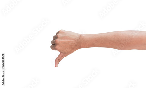 hand showing the thumb down gesture isolated on white background with clipping path. Negative hand sign. Finger down.