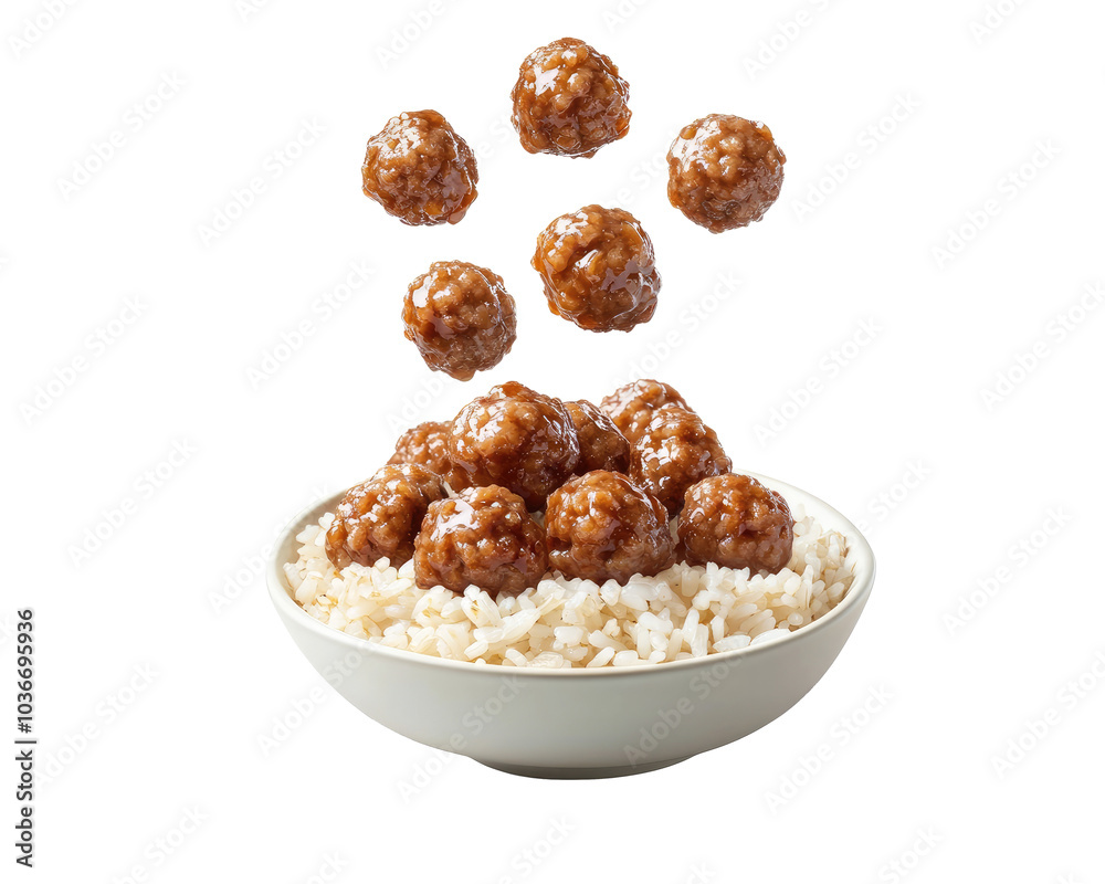 Plate of Hoisin Meatballs and Rice on transparent background