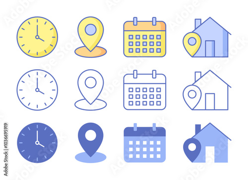 Set of minimalist flat and outline time, date, location icons. Clock, calendar, map pin, house.