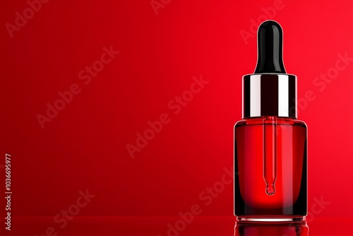 Small bottle of red liquid is sitting on a red background. bottle is clear and has a black cap. Concept of elegance and sophistication, as the red liquid is likely a high-end perfume or essential oil