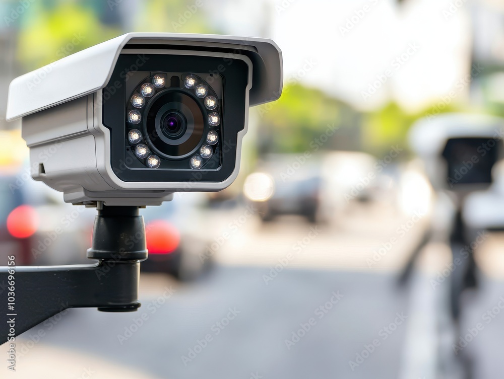 Surveillance camera monitoring traffic on a city street. Surveillance camera monitoring traffic on a city street.