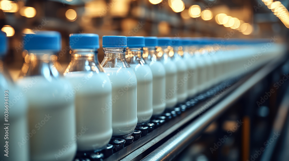 Bottles of milk on a conveyor belt in a dairy processing facility during the late afternoon Bottles of milk on a conveyor belt in a dairy processing facility during the late afternoon
