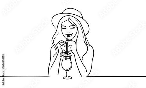 Girl drinks a cocktail and enjoys on white background. Vector illustration