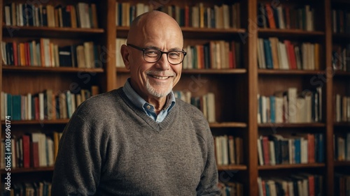 A man wearing glasses smiles in front of bookshelves filled with books, radiating a sense of warmth and intellectual charm in a cozy, literary setting