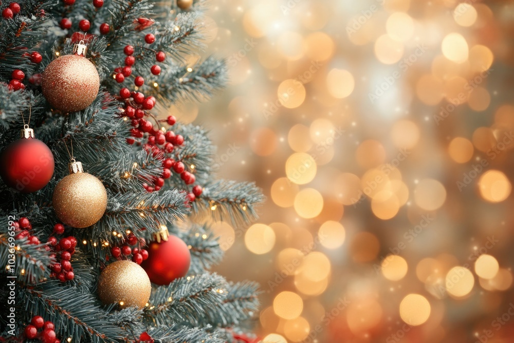 Festive Christmas tree branch adorned with red and gold ornaments against a warm bokeh backdrop