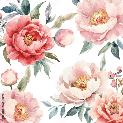 Watercolor pink peony on white background

