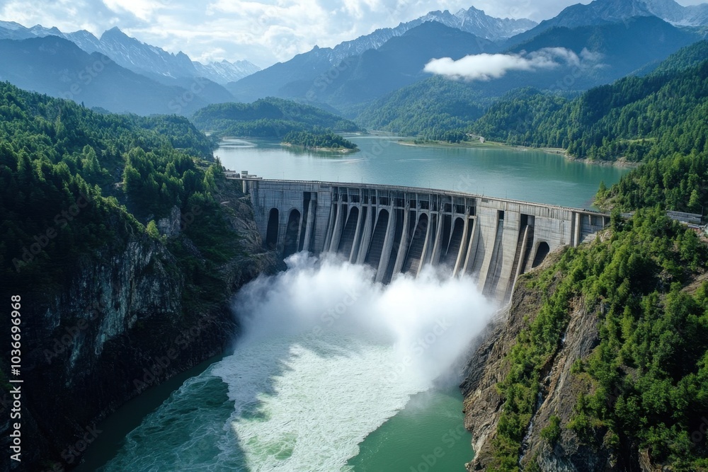 Aerial view of a massive dam holding back a reservoir of water, with powerful water flows spilling over into a river below, surrounded by mountains, forests, and rugged landscapes in the distance. Aerial view of a massive dam holding back a reservoir of water, with powerful water flows spilling over into a river below, surrounded by mountains, forests, and rugged landscapes in the distance.