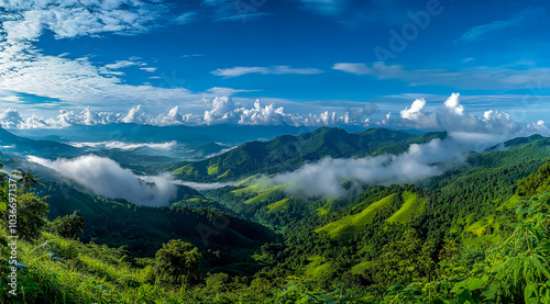 Beautiful panoramic view of green mountains and blue sky in the countryside.