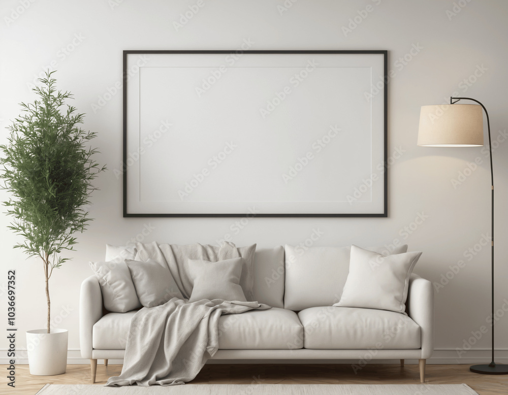 Fototapeta premium Mock up frame hanging on a white wall with minimal decoration