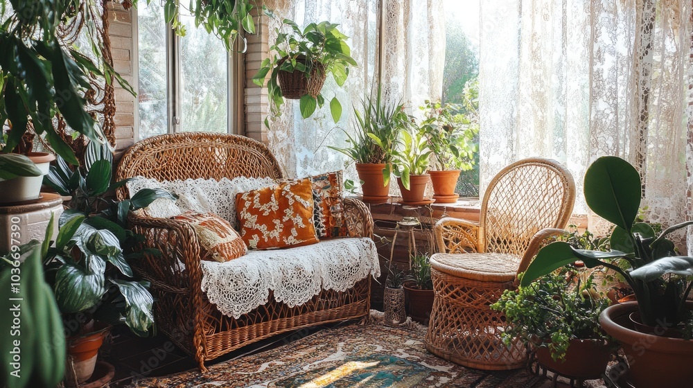 A sunroom filled with wicker furniture A sunroom filled with wicker furniture
