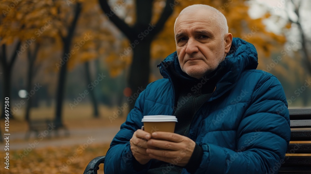 Middle-aged man with slight tremor holding cup of coffee on park bench, symbolizing struggle with Parkinson's disease, calm natural setting. Middle-aged man with slight tremor holding cup of coffee on park bench, symbolizing struggle with Parkinson's disease, calm natural setting.