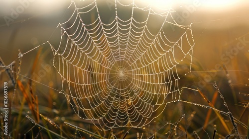 A spiderweb covered in morning dew sparkles in the sunlight.