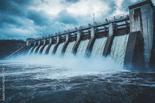 Water is gushing through the floodgates of a hydroelectric dam, generating renewable energy