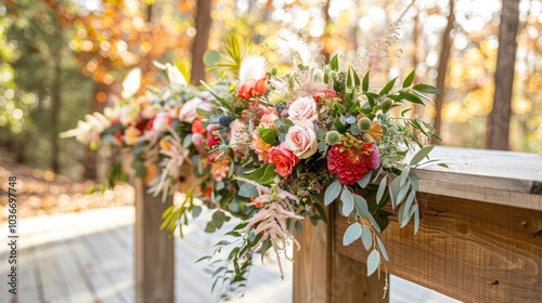 A vibrant floral arrangement in shades of orange, pink, and red adorns a wooden railing, adding a touch of natural beauty to an outdoor setting.