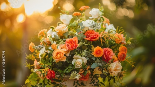 A vibrant bouquet of orange, peach, and white roses arranged in a white vase, with a blurred background of a green garden and the sun setting behind it.