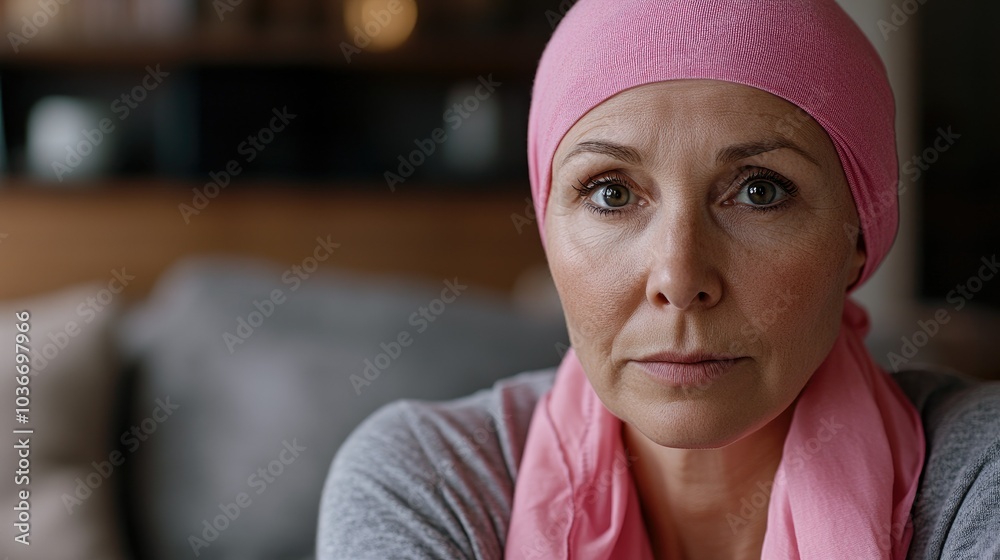 A older woman with cancer, wearing a pink scarf, looks directly into the camera Breast Cancer support