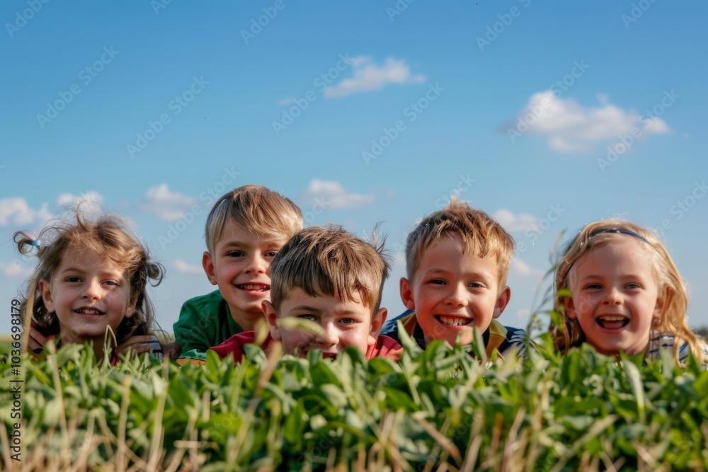 Group of happy children having fun on wheat field on sunny summer day Group of happy children having fun on wheat field on sunny summer day