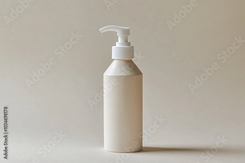 Tall elegant beige dispenser bottle standing on a beige background, perfect for showcasing your brand