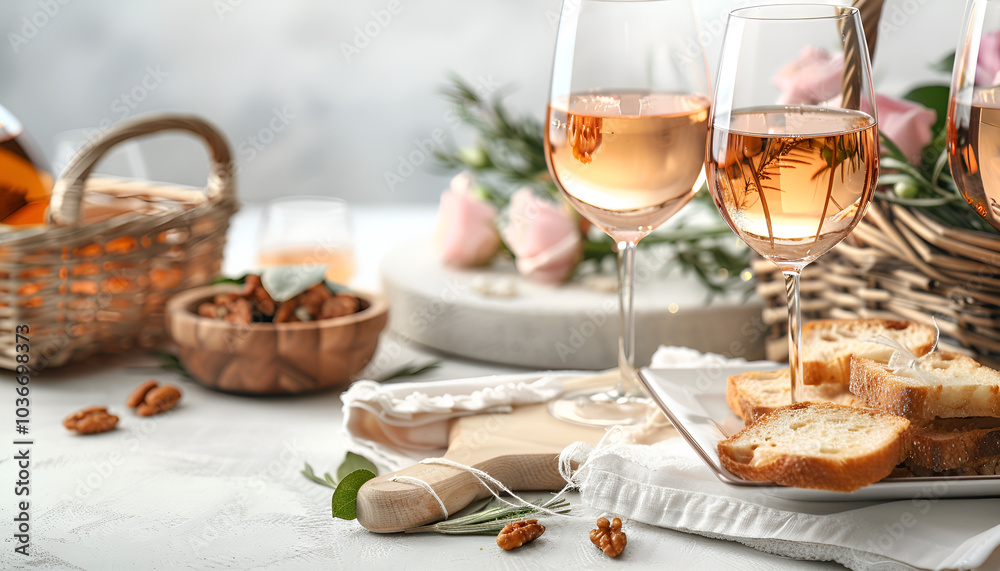 Glasses of delicious rose wine, food and basket on white picnic blanket, space for text Glasses of delicious rose wine, food and basket on white picnic blanket, space for text
