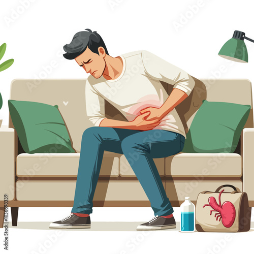 A man is sitting on a couch with a bottle of medicine next to him