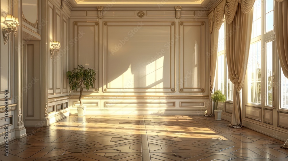 Fototapeta premium Elegant empty room with large windows and ornate moldings, showcasing a luxurious and spacious interior design.