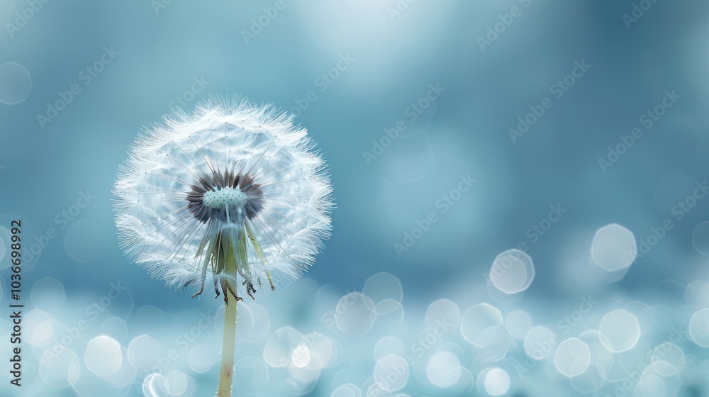 Fototapeta premium A single dandelion seed head with a blurred background of bokeh.