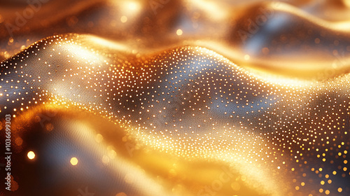 A mesmerizing surface of glowing golden dots, creating waves of light that ripple smoothly, evoking a feeling of energy and warmth in motion