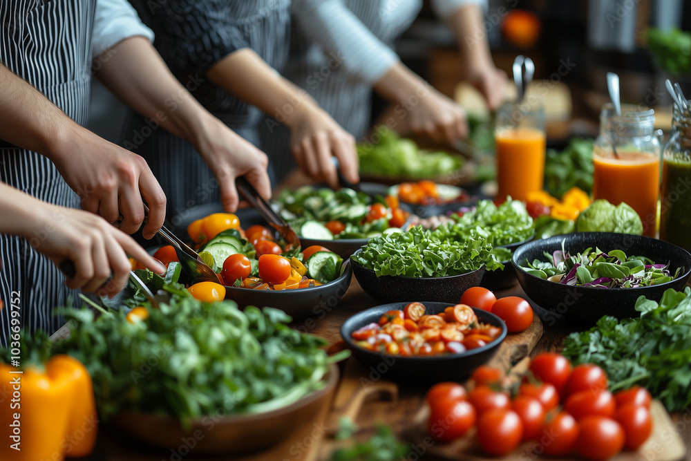 Obraz premium Group of people preparing nutritionally balanced meals based on vegetable during a meal planning workshop.