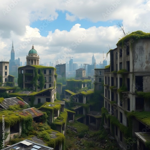 A post-apocalyptic city overrun by nature photo