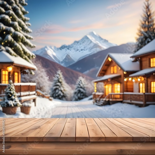 wooden tables and benches in the snow with mountains in the background