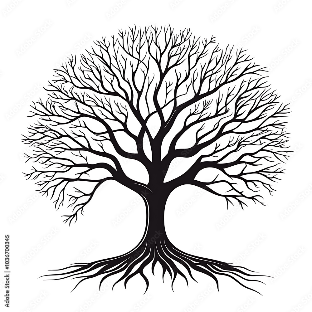Obraz premium A black and white silhouette of a bare tree with visible roots against a white background.