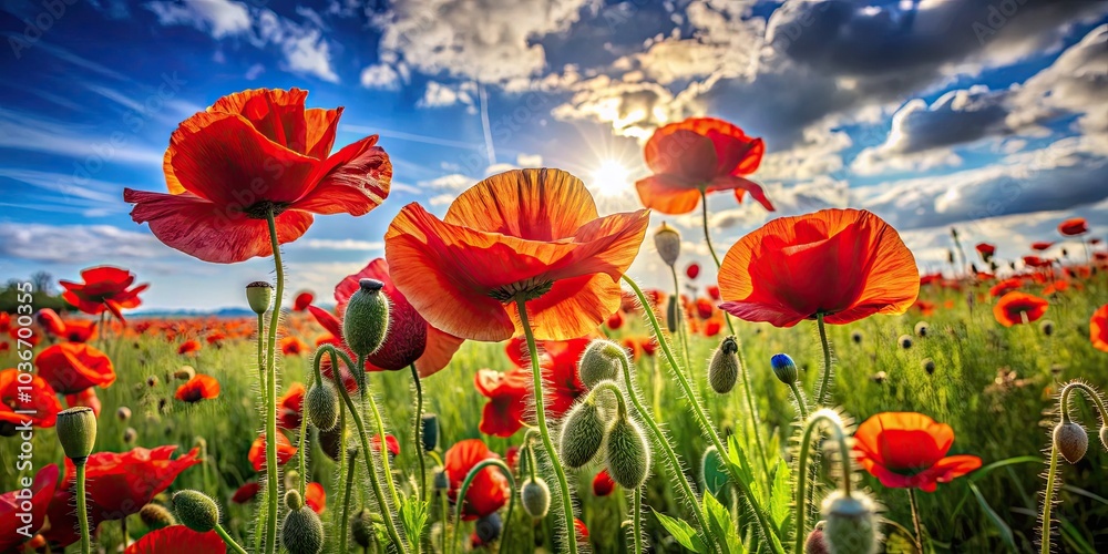 Fototapeta premium Close-up of Vibrant Red Poppies in Sunny Field, Beautiful Papaver Flowers on Green Lawn, Summer Day Blooming Flowers, Flower of Remembrance for Memorial Day, Summer Floral Background