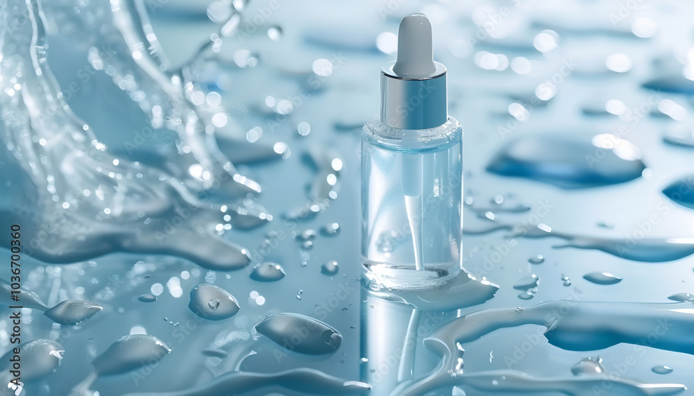 Clear cosmetic serum on light blue background, macro view Clear cosmetic serum on light blue background, macro view