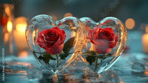 Heart-shaped ice sculptures with roses inside: 3D-rendered frozen heart-shaped ice sculptures containing delicate red roses illuminated by soft lighting photo