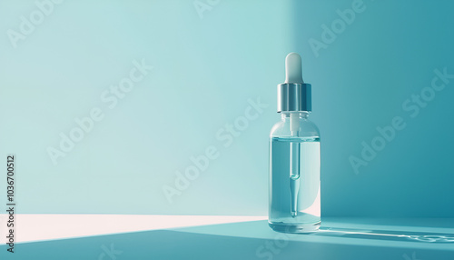 Clear cosmetic serum on light blue background, macro view