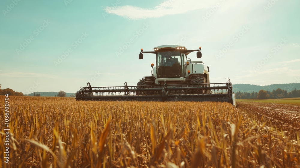 Fototapeta premium A high-tech AI-driven autonomous agricultural harvester, clean farm setting with advanced harvesting technology and precision crop management tools, Agricultural style
