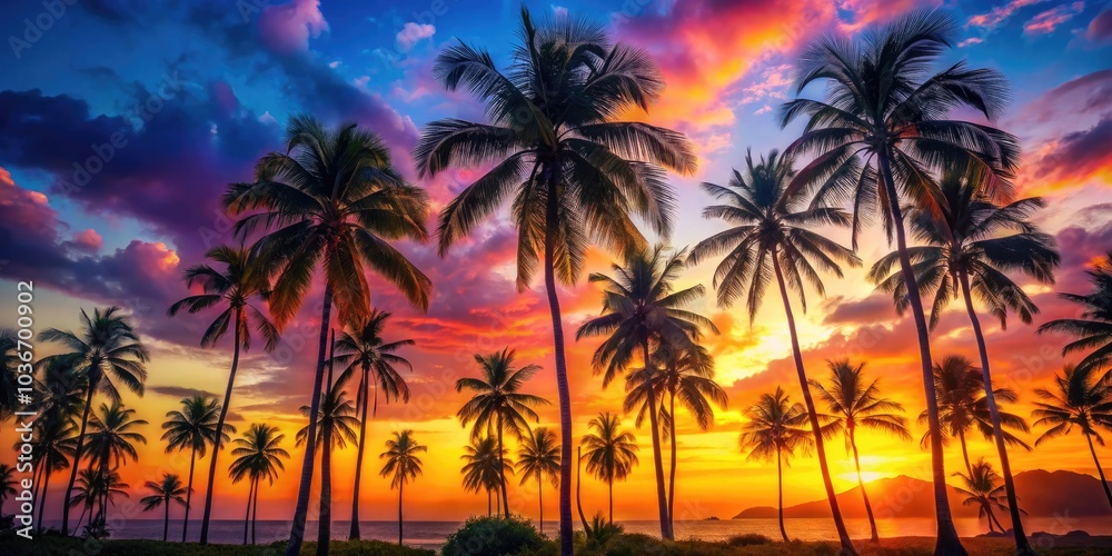 Colorful Palm Tree Landscape at Sunset with Parallax Tracking Shot, Flat and Gradient Design for Relaxing Backgrounds and Nature Scenes, Perfect for Animation and Digital Projects Colorful Palm Tree Landscape at Sunset with Parallax Tracking Shot, Flat and Gradient Design for Relaxing Backgrounds and Nature Scenes, Perfect for Animation and Digital Projects