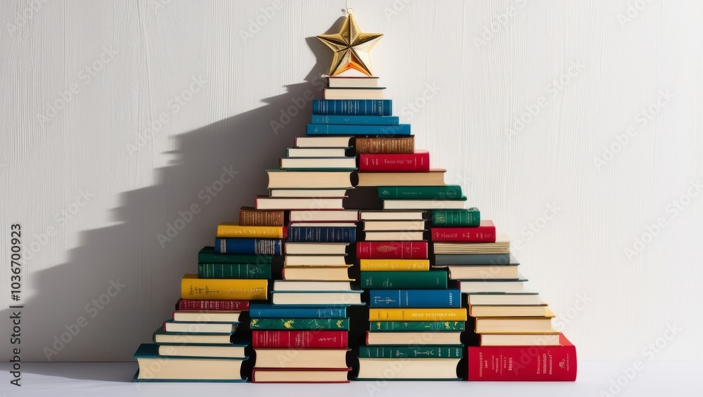 A stack of books shaped like a Christmas tree. A stack of books shaped like a Christmas tree.
