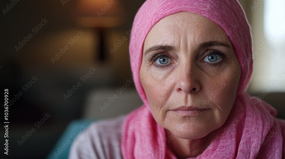A older woman with cancer, wearing a pink scarf, looks directly into the camera Breast Cancer support A older woman with cancer, wearing a pink scarf, looks directly into the camera Breast Cancer support
