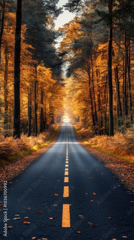 Obraz premium Autumn Road Through Forest - A Scenic Path Through Golden Trees