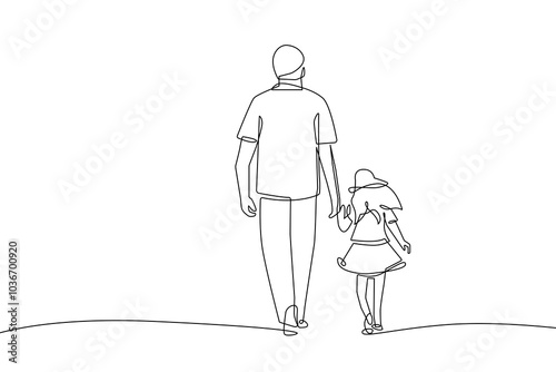 Happy Family Continuous One Line Drawing. Father and Child Walking Together Single Line Drawing Minimalist Illustration. Happy Father`s Day Vector Illustration