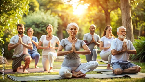 A group seniors people, meditating yoga in a park with natural sunlight