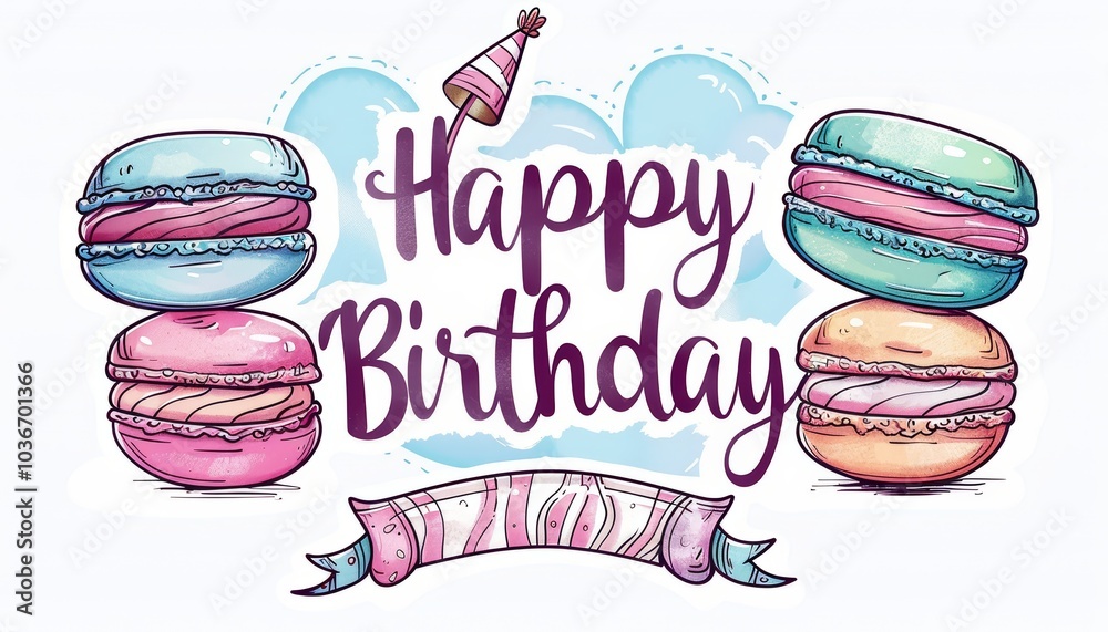 Hand-Drawn Birthday Macarons with Party Hat and Banner