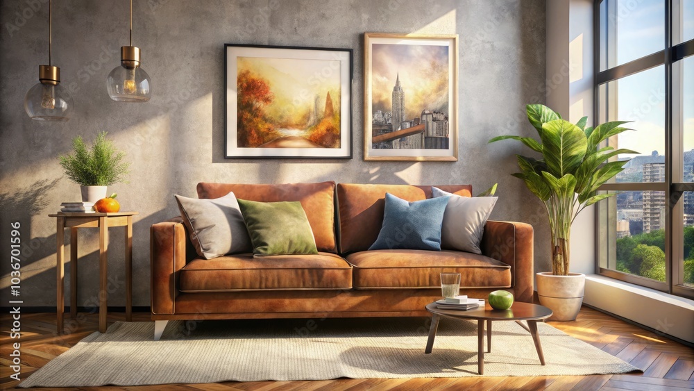 Cozy Urban Living Room with Sofa and Decorative Pillows, Watercolor Card Aesthetic, Interior Design Inspiration, Modern Decor, Warm Atmosphere, Urban Exploration Photography Cozy Urban Living Room with Sofa and Decorative Pillows, Watercolor Card Aesthetic, Interior Design Inspiration, Modern Decor, Warm Atmosphere, Urban Exploration Photography
