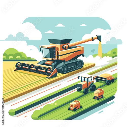farm scene with a tractor and a combine harvester